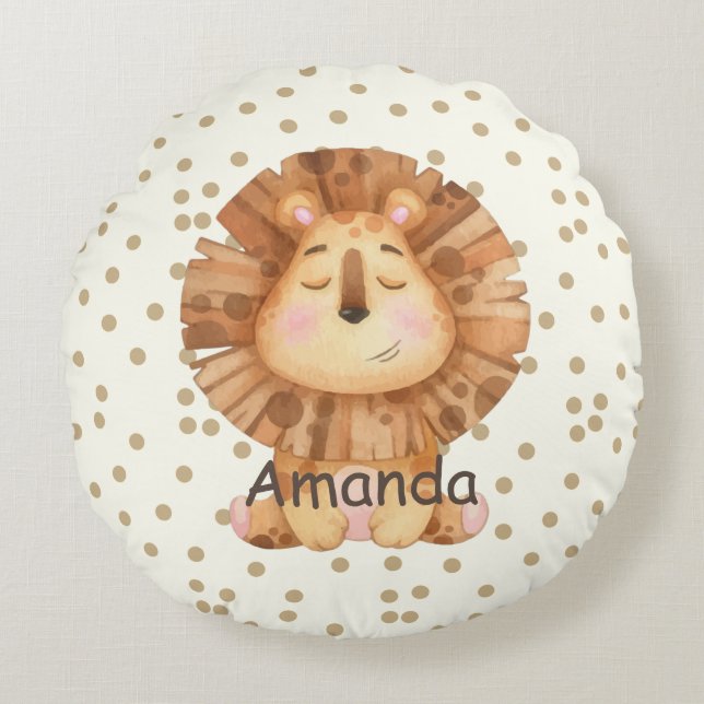 Anpassa sött barndaghem i lejona polka dots rund kudde (Framsidan)