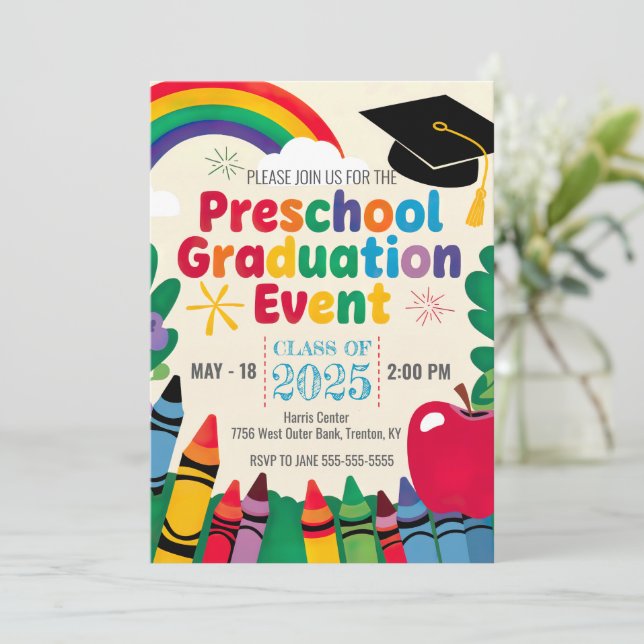 Anpassa Studentmössan Crayon Rainbow Preschool Inbjudningar (Stående Fram)