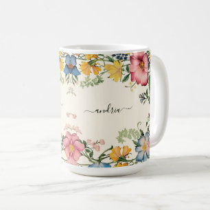 Anpassa svart skript Namn, Vintage Wildblommor Kaffemugg