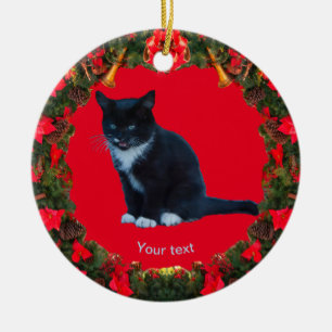 Anpassa svarta Kitten Tuxedo sitta Meows Julgransprydnad Keramik