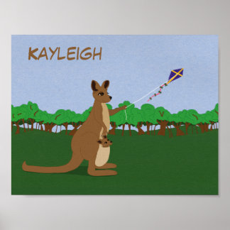 Anpassa Tecknad Kangaroos som flyger en Kite Poster