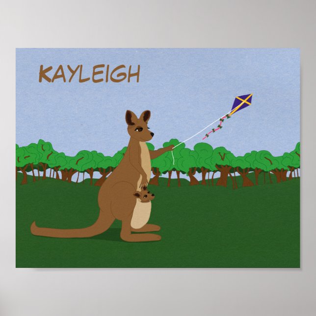 Anpassa Tecknad Kangaroos som flyger en Kite Poster (Framsidan)