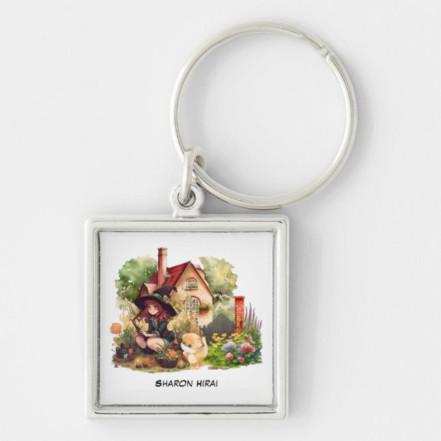 Anpassa | Tidig Witch och Fox Keychain Fyrkantig Silverfärgad Nyckelring (Framsidan)