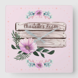 Anpassa tjejers blommiga skylt Falskt trä Fyrkantig Klocka