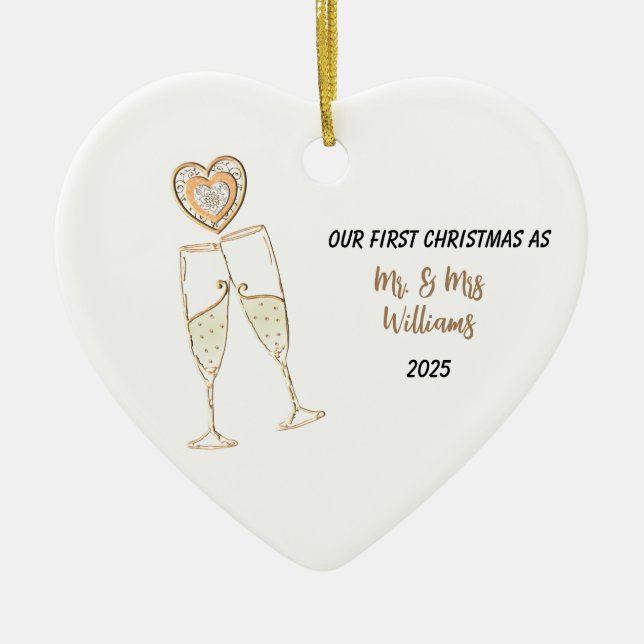 Anpassa vår första julhjärt- och champagne julgransprydnad keramik (Framsidan)