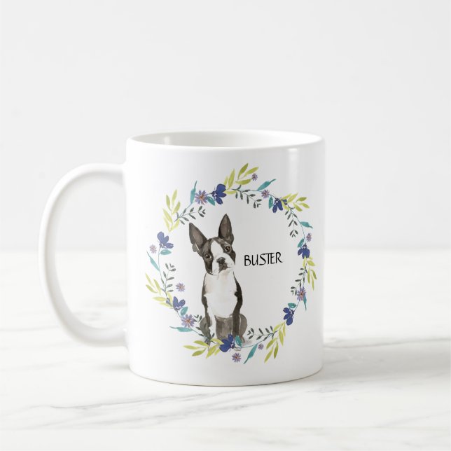 Anpassa vattenfärgen Boston Terrier Blue Wand Kaffemugg (Vänster)