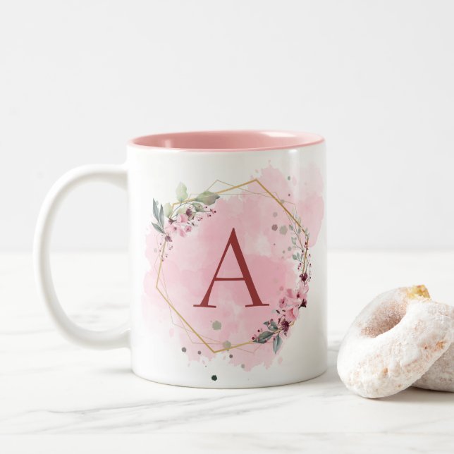 Anpassa vattenfärgens Rosa Blommigt Ram Initial Två-Tonad Mugg (Med munk)