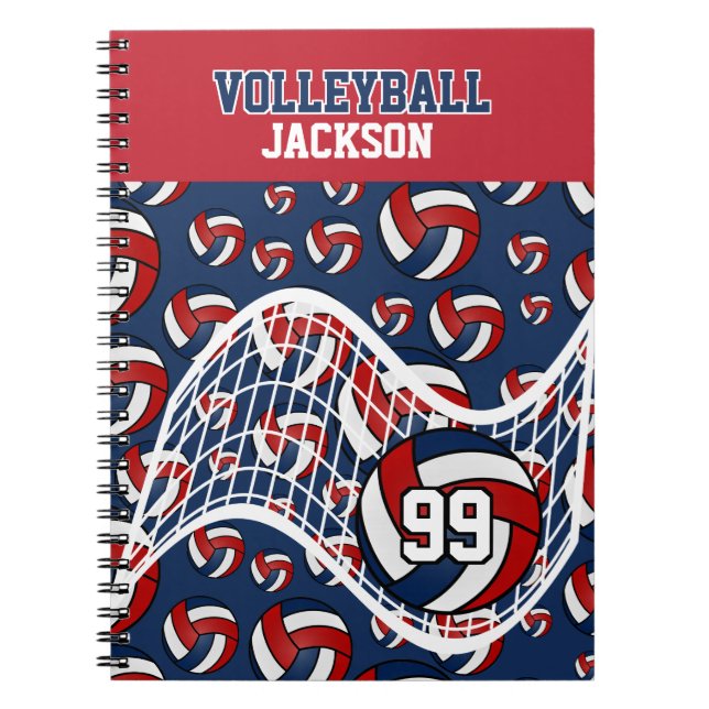 Anpassa Volleyball - Red, White och Navy Blue Anteckningsbok (Framsidan)