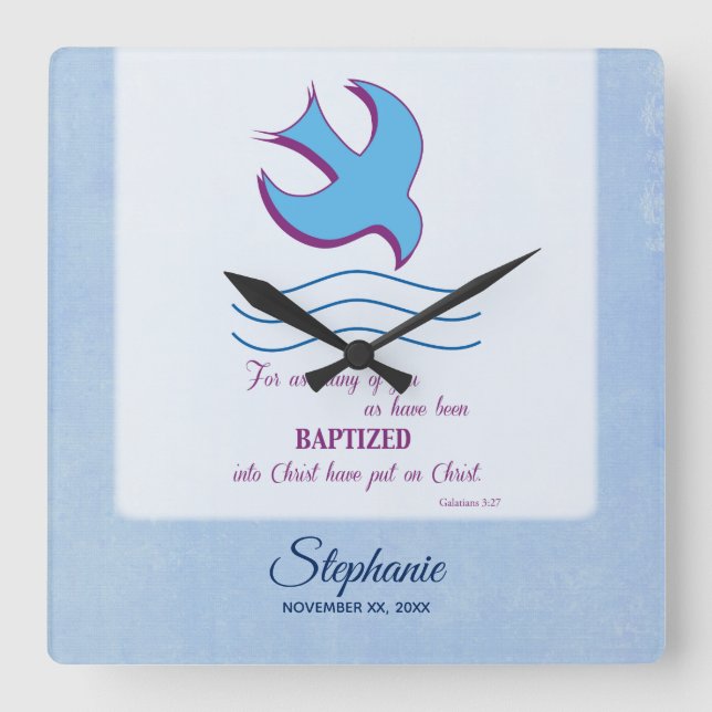 Anpassa, Vuxen Baptism Dove på Blue Fyrkantig Klocka (Framsida)