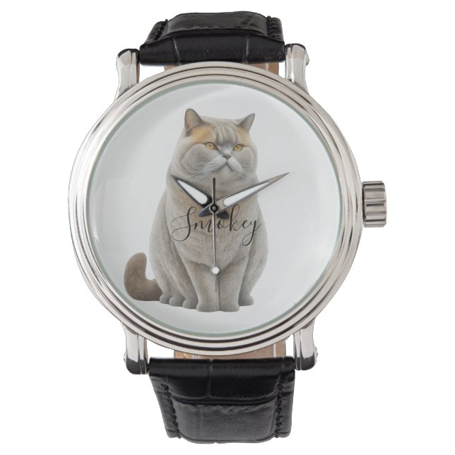 Anpassa Watercolor British Funny Cat Photo Namn Armbandsur (Framsida)