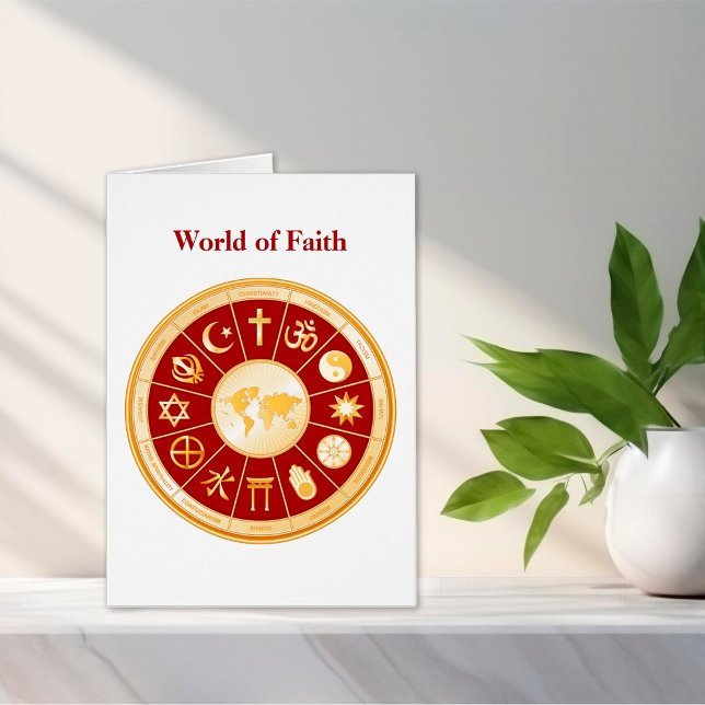 Anpassa World of Faith Greeting Card OBS Kort (Original design features finely detailed gold icons of world faiths surrounding a world map. )