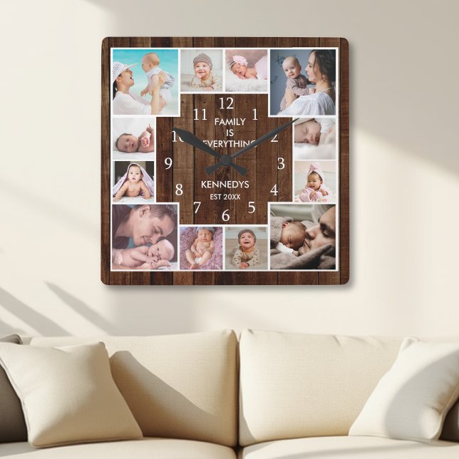 Anpassad 12 familjefoto Collage Rustik Brun Trä Fyrkantig Klocka (Skapare uppladdad)