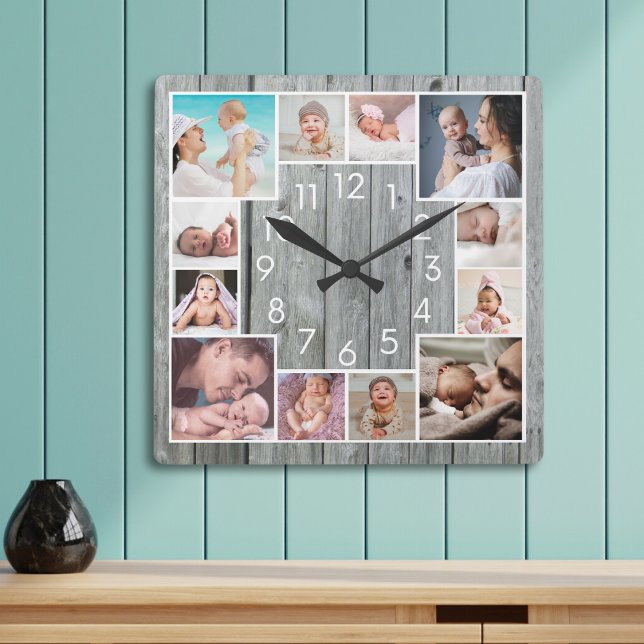 Anpassad 12 familjefoto Collage Rustik Grå Trä Fyrkantig Klocka (Skapare uppladdad)