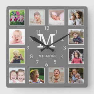 Anpassad 12 Foto Collage Familjenamn Monogram Grå Fyrkantig Klocka