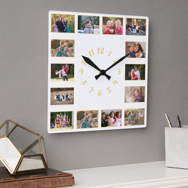 Anpassad 14 bilder kollage bröllopsdag familj fyrkantig klocka (Custom 14 Photo Collage Wedding Anniversary Family Square Wall Clock)