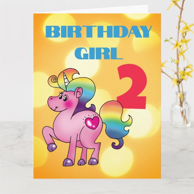 Anpassad 2-års födelsedagsflicka Enhörning Kort (Gul blomma)