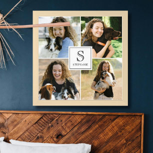 Anpassad 4 Fotoskollage med monogram och namn Poster