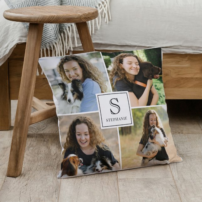 Anpassad 4 Multi Foto Collage Monogram & Namn Kudde (Skapare uppladdad)