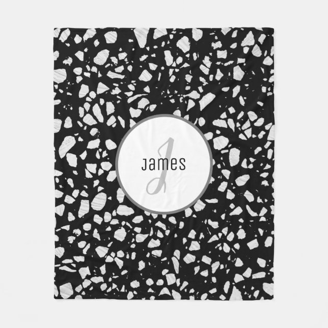 Anpassad Abstrakt Terrazzo Black & White Mönster Fleecefilt (Framsidan)