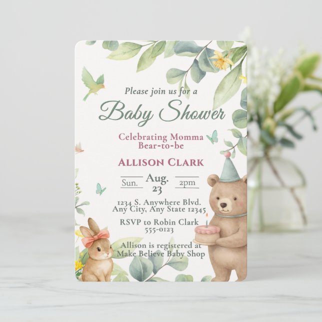 Anpassad akvarell Skogsdjur Baby Shower Inbjudningar (Stående Fram)