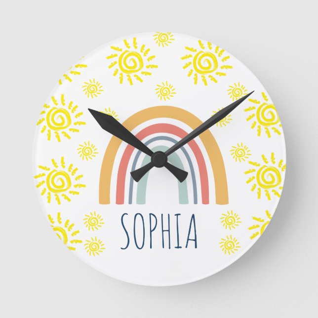 Anpassad akvarell Whimsical Boho regnbåge och sol Rund Klocka (Framsida)