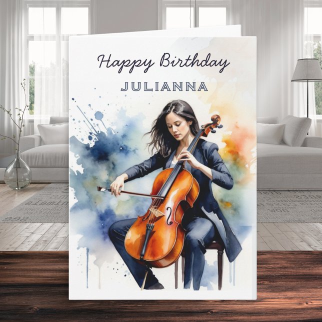 Anpassad akvarellcellist Musiker Glad födelsedag Kort (A personalized birthday card with a watercolor style picture of a woman playing the cello)