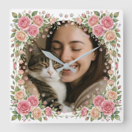 Anpassad akvarellrosram kattmamma foto fyrkantig klocka