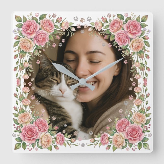 Anpassad akvarellrosram kattmamma foto fyrkantig klocka (Framsida)