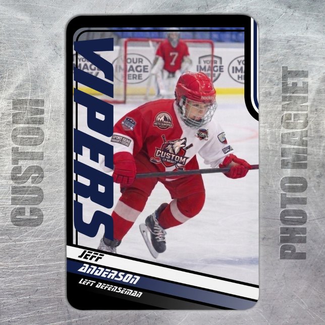 Anpassad Apex Blå Ishockey Foto Magnet (Ice Hockey: Sleek blue and black magnet featuring customizable player image and team name.)