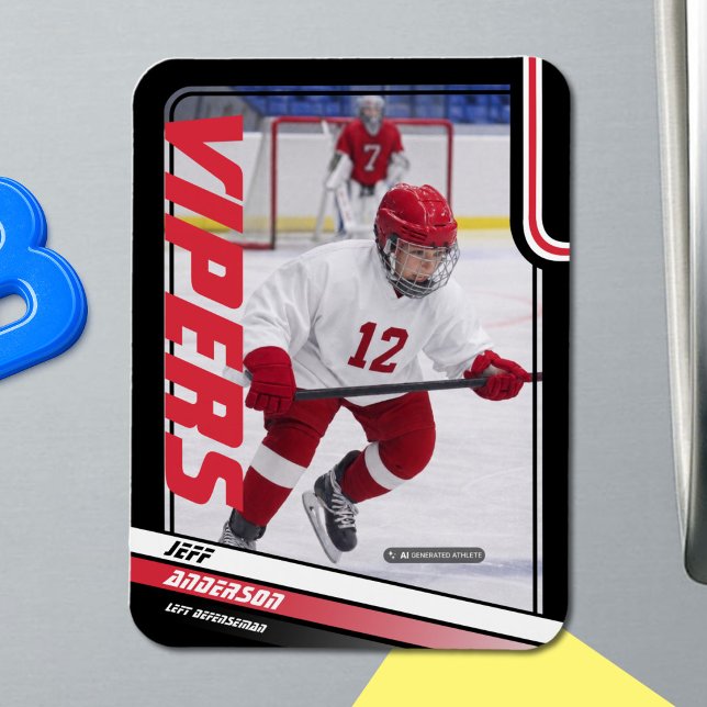 Anpassad Apex Röd Ishockey Foto Magnet (Ice Hockey: Stand out with this red and black magnet featuring customizable player image and team.)