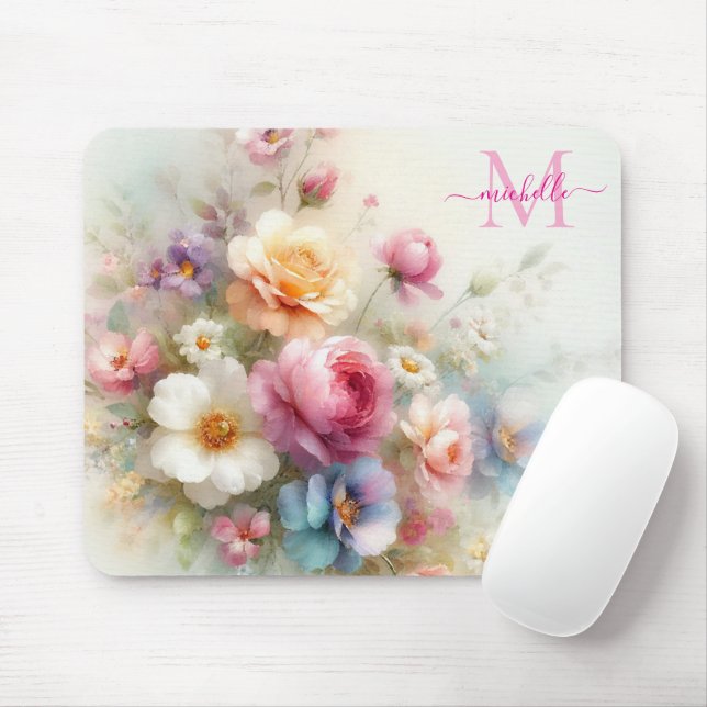 Anpassad Aquarell Blommig Mall Monogram Musmatta (Med mus)