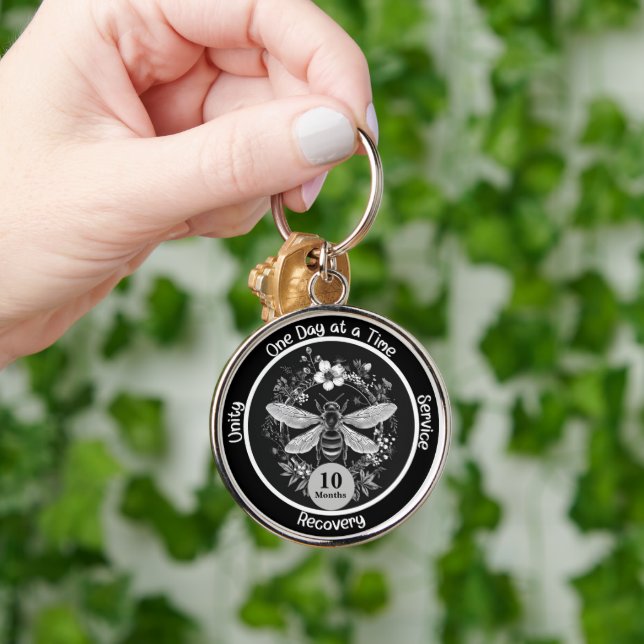 Anpassad årspresent för nykterhet - Bina och blomm Rund Silverfärgad Nyckelring (Hand)
