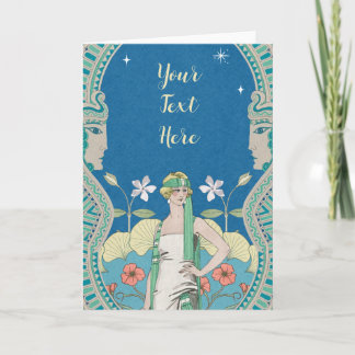 Anpassad Art Nouveau Vintage Blå Dam Portvalv Kort