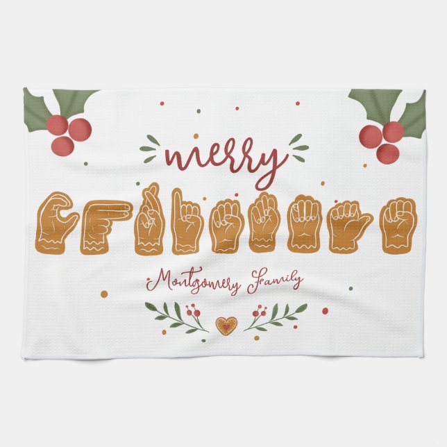 Anpassad ASL God Jul Gingerbrödshänder Kökshandduk (Horisontell)