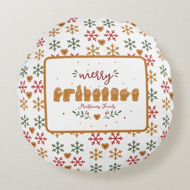Anpassad ASL God Jul Pepparkakor Händer Rund Kudde (Framsidan)