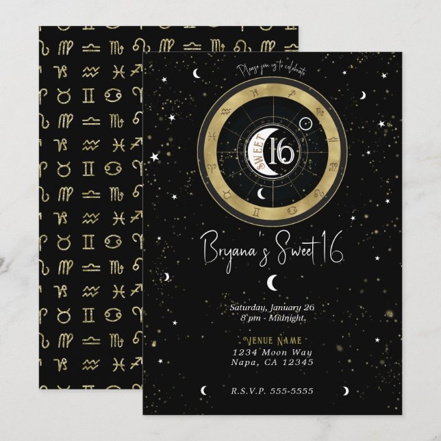 Anpassad astrologi Sol & Måne Tecken Sweet 16    Inbjudningar (Fram/baksida)