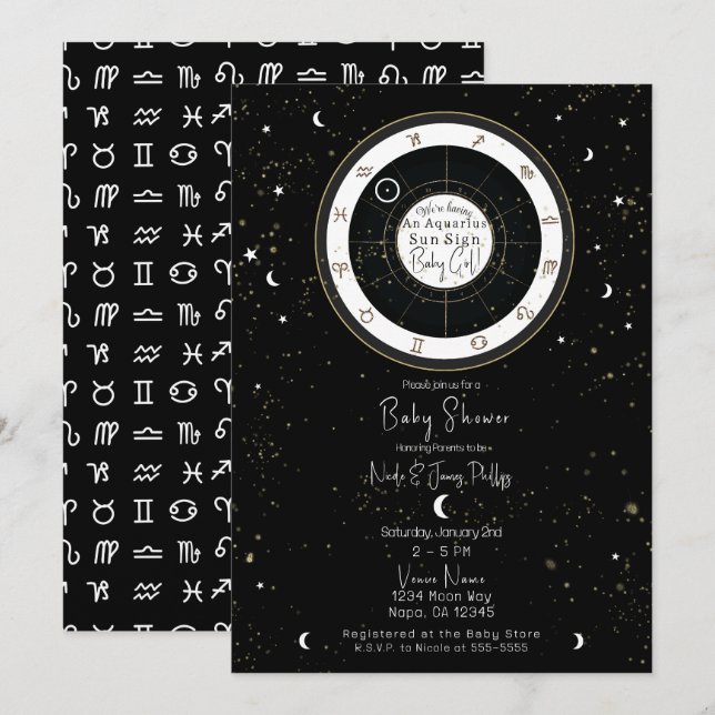 Anpassad astrologi Soltecken Horoskop Baby Shower Inbjudningar (Fram/baksida)