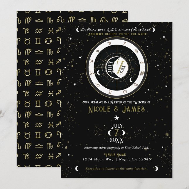 Anpassad astrologi Zodiak månskylt bröllop Inbjudningar (Fram/baksida)