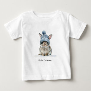 Anpassad Baby Första Jul Kanin Blå Hatt T Shirt