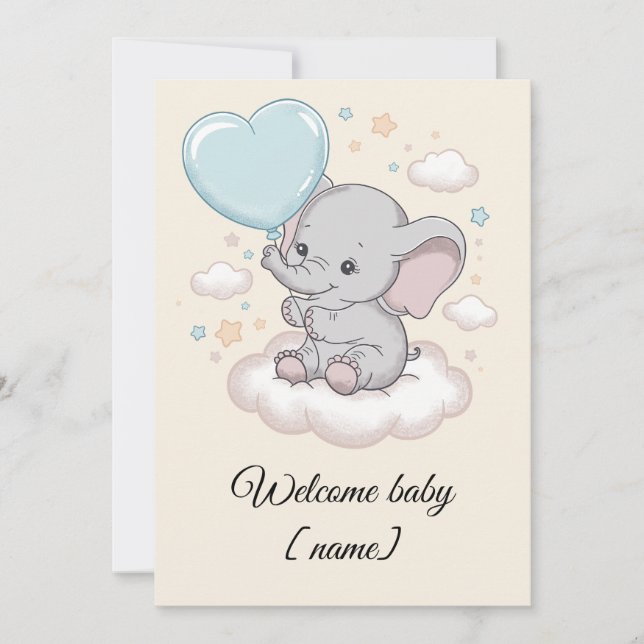 Anpassad Baby Shower Välkomstkort Söt Elefant Kort (Framsida)