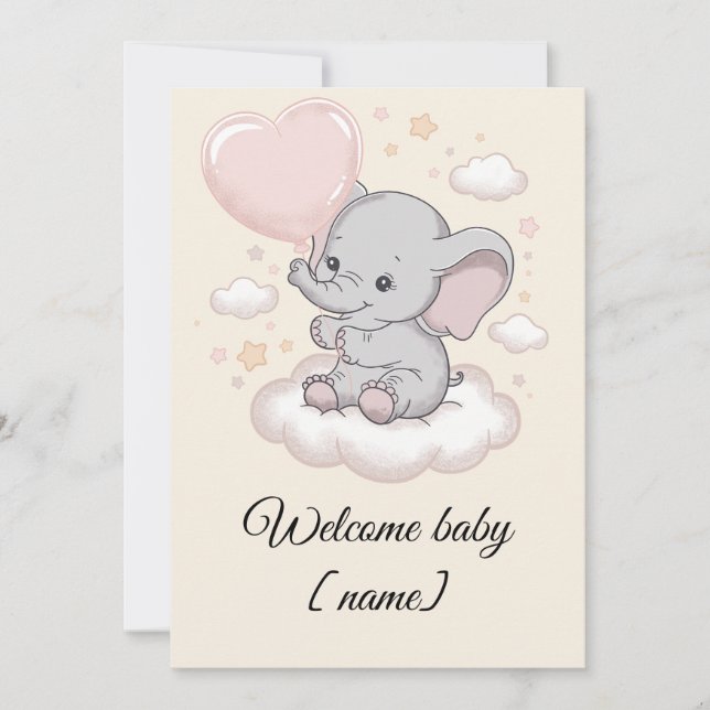 Anpassad Baby Shower Välkomstkort – Söta Elefanten Kort (Framsida)