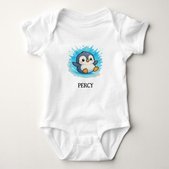 Anpassad babybodysuit – Percy Penguin Namnutstyrse T Shirt (Framsida)