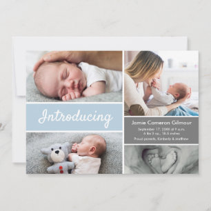 Anpassad babyfotokollage blå vit modernt manus