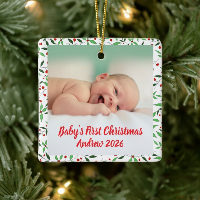 Anpassad babys första jul fotonamn julgransprydnad keramik (Träd)
