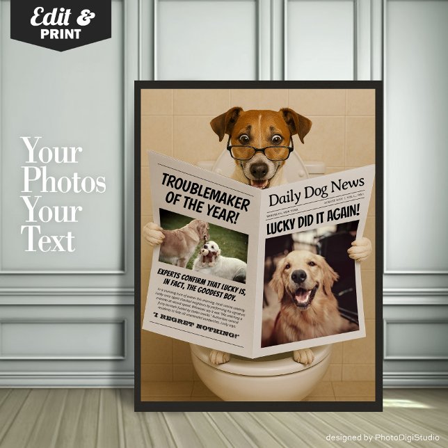 Anpassad badrumsdekor, redigerbar hund med tidning poster (Custom Bathroom Decor, Editable Dog with Newspaper Poster)