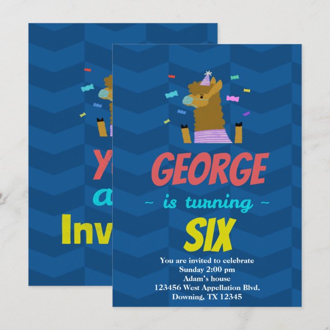 Anpassad barn Llama firande serieteckning inbjudan (Fram/baksida)