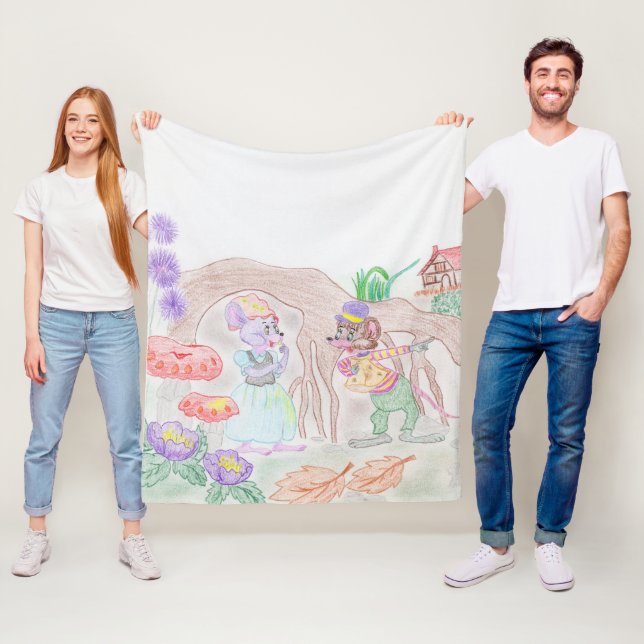 Anpassad barnkonst, två söta möss, blommor.... fleecefilt (På plats)