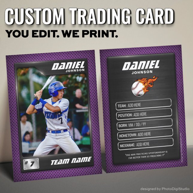 Anpassad basebollkort, modern lila spelare (Custom Baseball Trading Card, Modern Purple Player Card)