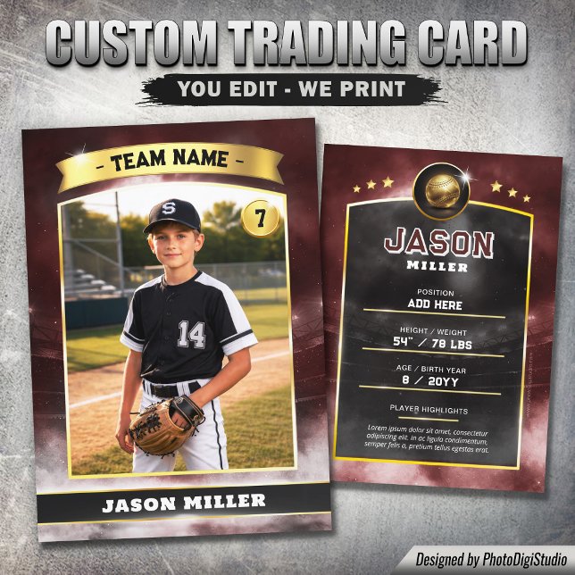 Anpassad basebollkort, röd guld arena (Custom Baseball Trading Card, Red Gold Stadium Player Card)