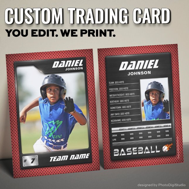 Anpassad basebollkort, röda svarta PRO-statistik (Custom Baseball Trading Card, Red Black PRO Stats Player Card)